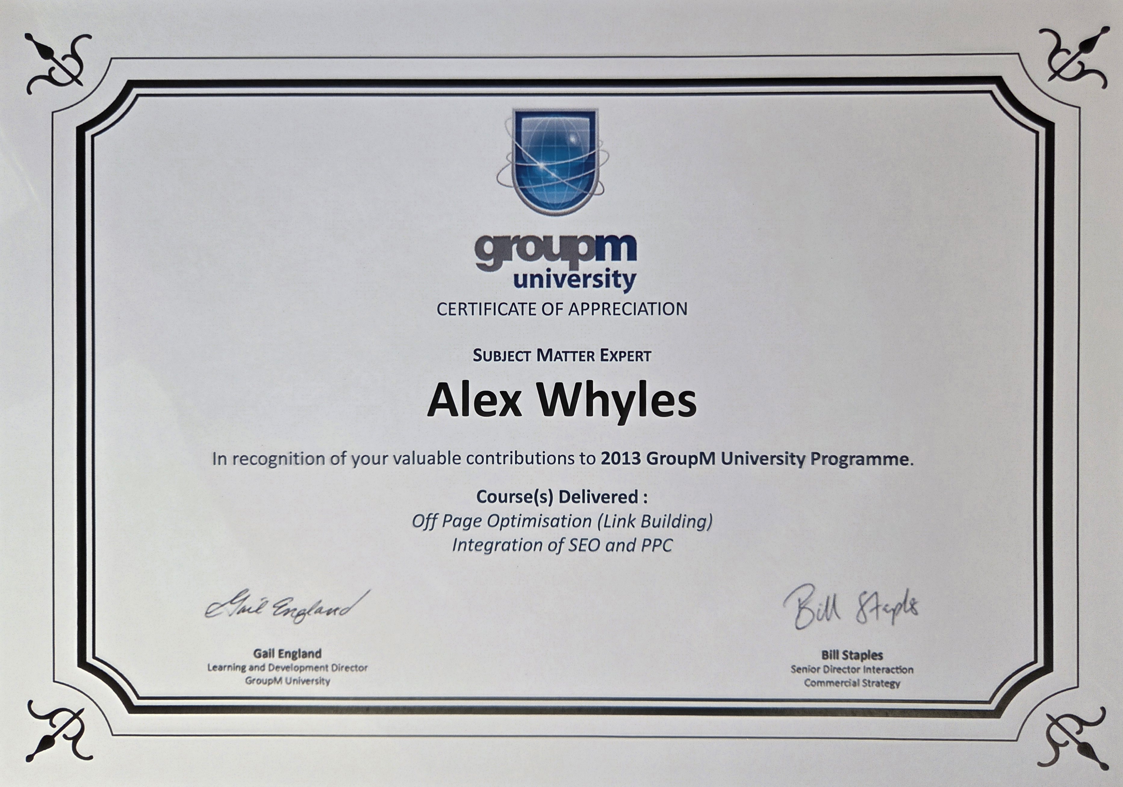 GroupM University Certificate of Appreciation — Alex Whyles, Subject Matter Expert, 2013